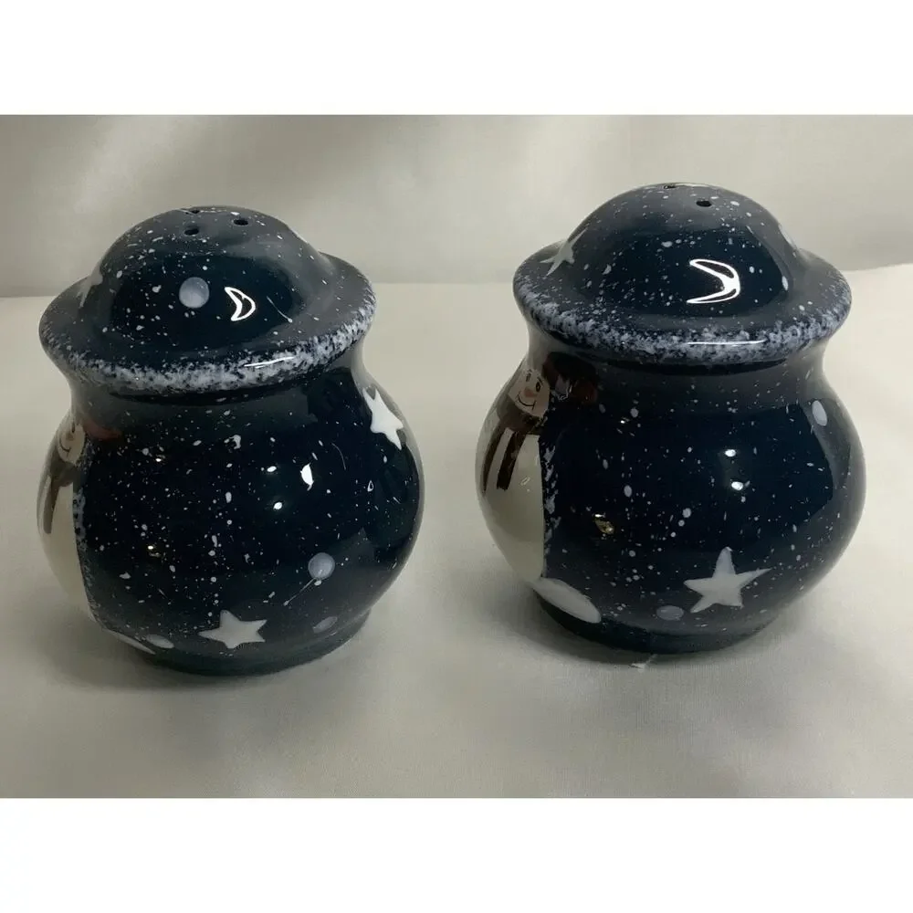 Christmas Holiday Snowman Salt and Pepper Shakers Cobalt Blue Multicolor Ceramic